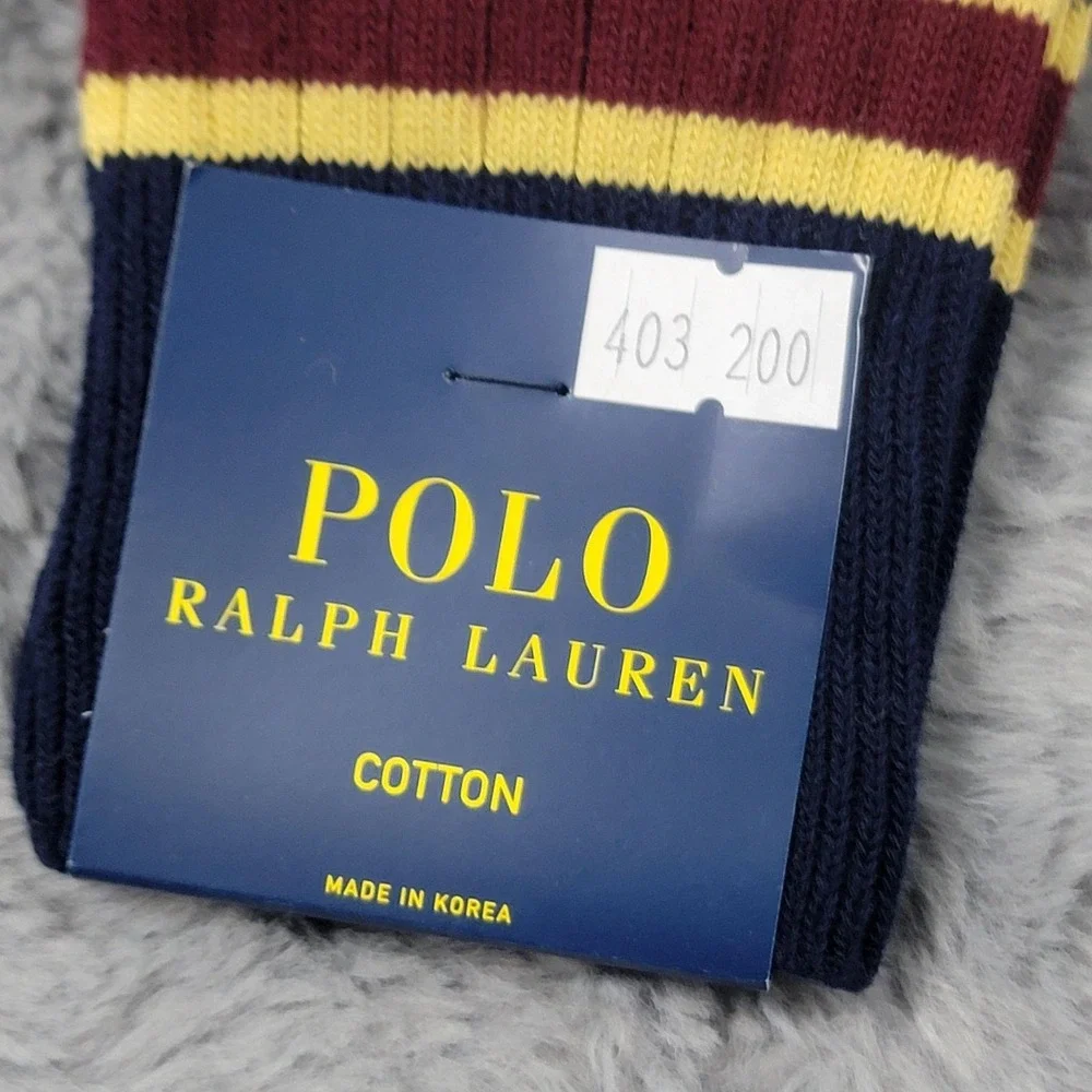 Polo Ralph Lauren Socks Mens 6-12.5 Navy Burgundy Yellow Stripe Crew Pony